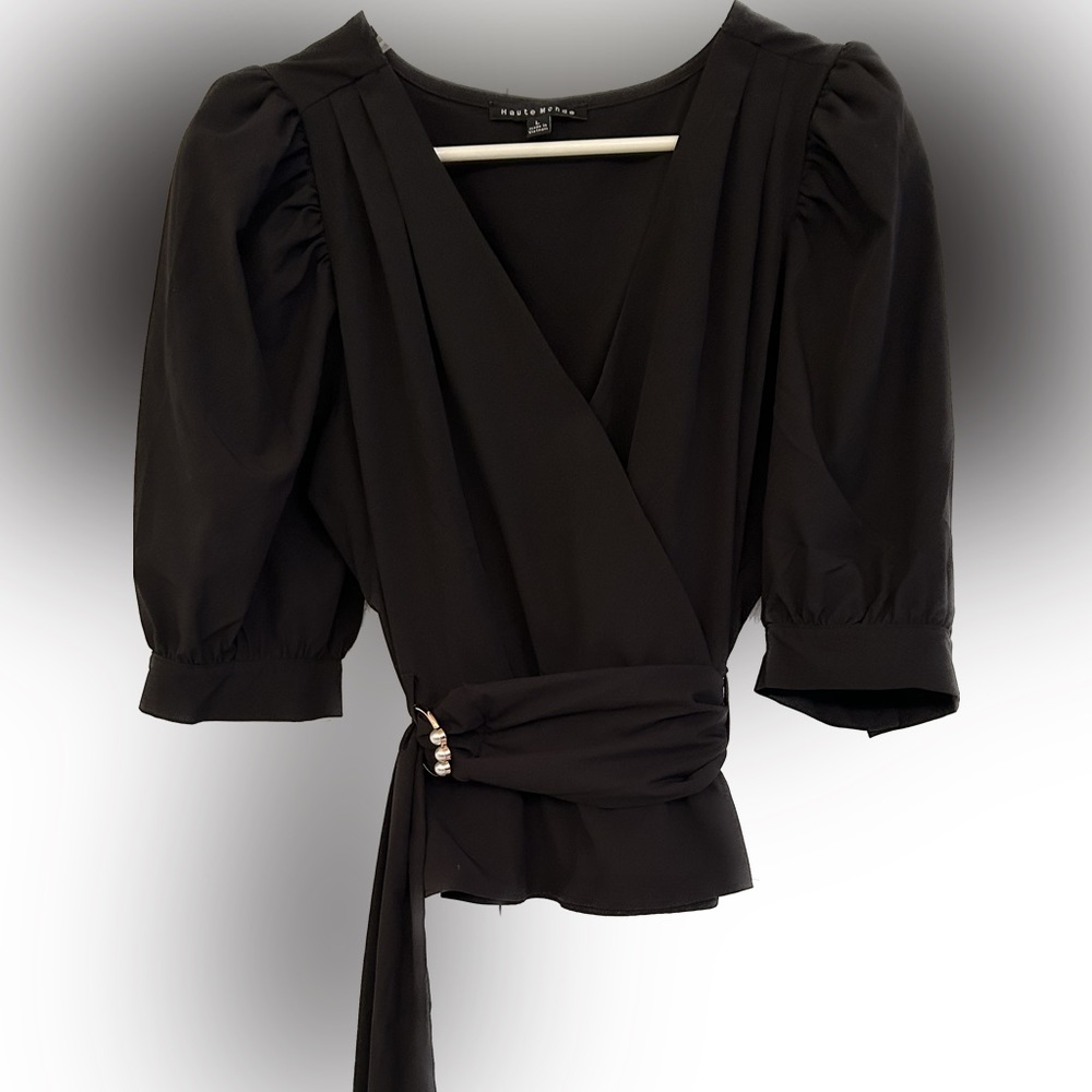 Haute Hippie Black Puff Sleeve Wrap Top